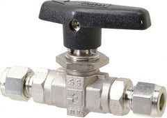 Parker - 3/8" Pipe, Stainless Steel, Inline, Two Way Flow, Instrumentation Ball Valve - 6,000 psi WOG Rating, Wedge Handle, PTFE Seal, PTFE Seat - Exact Tooling