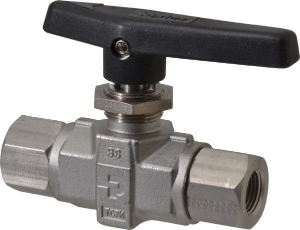 Parker - 3/8" Pipe, FNPT x FNPT End Connections, Stainless Steel, Inline, Two Way Flow, Instrumentation Ball Valve - 6,000 psi WOG Rating, Wedge Handle, PTFE Seal, PTFE Seat - Exact Tooling