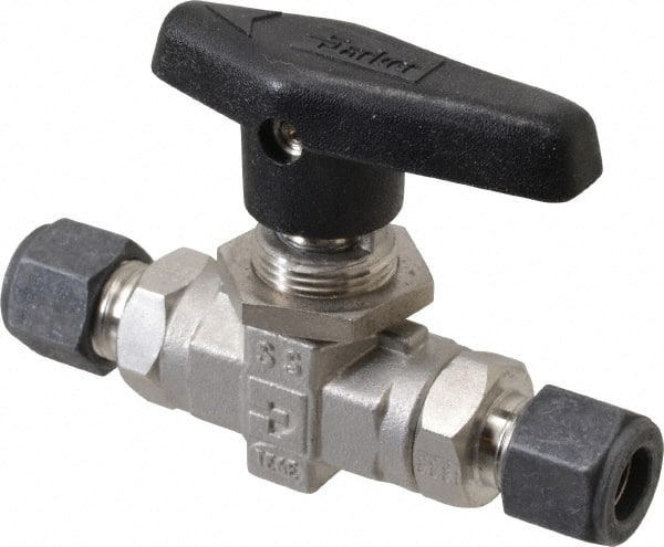 Parker - 3/8" Pipe, Compression x Compression CPI End Connections, Stainless Steel, Inline, Two Way Flow, Instrumentation Ball Valve - 6,000 psi WOG Rating, Wedge Handle, PTFE Seal, PTFE Seat - Exact Tooling