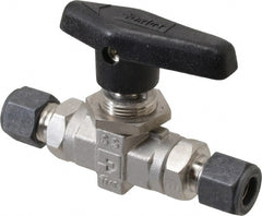Parker - 3/8" Pipe, Compression x Compression CPI End Connections, Stainless Steel, Inline, Two Way Flow, Instrumentation Ball Valve - 6,000 psi WOG Rating, Wedge Handle, PTFE Seal, PTFE Seat - Exact Tooling