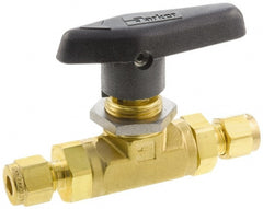 Parker - 1/4" Pipe, Brass, Inline, Two Way Flow, Instrumentation Ball Valve - 3,000 psi WOG Rating, Wedge Handle, PTFE Seal, PTFE Seat - Exact Tooling