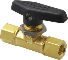 Parker - 1/8" Pipe, FNPT x FNPT End Connections, Brass, Inline, Two Way Flow, Instrumentation Ball Valve - 3,000 psi WOG Rating, Wedge Handle, PTFE Seal, PTFE Seat - Exact Tooling