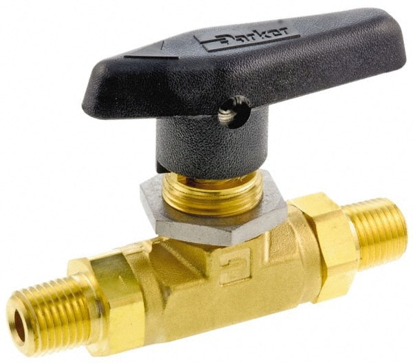 Parker - 1/8" Pipe, MNPT x MNPT End Connections, Brass, Inline, Two Way Flow, Instrumentation Ball Valve - 3,000 psi WOG Rating, Wedge Handle, PTFE Seal, PTFE Seat - Exact Tooling