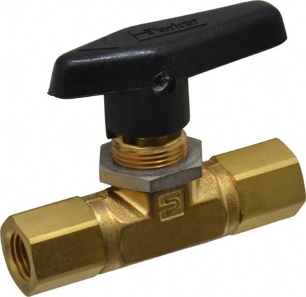 Parker - 1/4" Pipe, FNPT x FNPT End Connections, Brass, Inline, Two Way Flow, Instrumentation Ball Valve - 3,000 psi WOG Rating, Wedge Handle, PTFE Seal, PTFE Seat - Exact Tooling