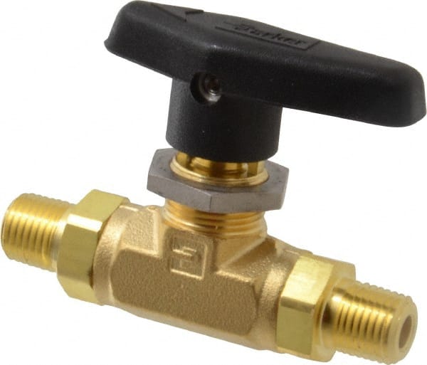 Parker - 1/4" Pipe, MNPT x MNPT End Connections, Brass, Inline, Two Way Flow, Instrumentation Ball Valve - 3,000 psi WOG Rating, Wedge Handle, PTFE Seal, PTFE Seat - Exact Tooling