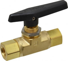 Parker - 3/8" Pipe, FNPT x FNPT End Connections, Brass, Inline, Two Way Flow, Instrumentation Ball Valve - 3,000 psi WOG Rating, Wedge Handle, PTFE Seal, PTFE Seat - Exact Tooling