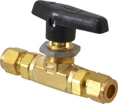 Parker - 3/8" Pipe, Compression x Compression CPI End Connections, Brass, Inline, Two Way Flow, Instrumentation Ball Valve - 3,000 psi WOG Rating, Wedge Handle, PTFE Seal, PTFE Seat - Exact Tooling