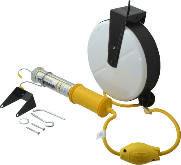 Made in USA - 18 AWG, 40' Cable Length, Cord & Cable Reel with Fluorescent Hand Lamp End - 0 Outlets, 7 Amps, 120 Volts, SJTOW Cable, Black/White Reel - Exact Tooling