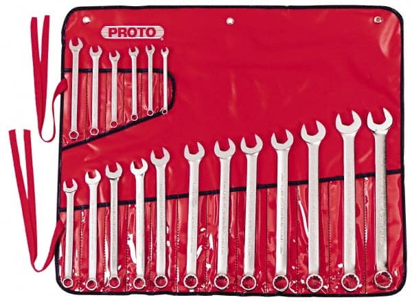 Proto - 18 Piece, 7mm to 24mm, Combination Wrench Set - Metric Measurement Standard, Satin Finish, Comes in Canvas Roll - Exact Tooling