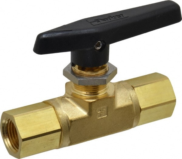 Parker - 1/2" Pipe, FNPT x FNPT End Connections, Brass, Inline, Two Way Flow, Instrumentation Ball Valve - 3,000 psi WOG Rating, Wedge Handle, PTFE Seal, PTFE Seat - Exact Tooling