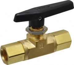 Parker - 1/2" Pipe, FNPT x FNPT End Connections, Brass, Inline, Two Way Flow, Instrumentation Ball Valve - 3,000 psi WOG Rating, Wedge Handle, PTFE Seal, PTFE Seat - Exact Tooling