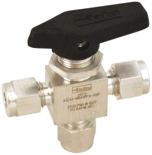 Parker - 1/8" Pipe, Stainless Steel, Three Way, Instrumentation Ball Valve - 2,500 psi WOG Rating, Wedge Handle, PFA Seat - Exact Tooling