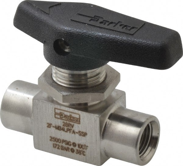 Parker - 1/8" Pipe, FNPT x FNPT End Connections, Stainless Steel, Inline, Two Way Flow, Instrumentation Ball Valve - 2,500 psi WOG Rating, Wedge Handle, PFA Seat - Exact Tooling