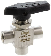 Parker - 1/8" Pipe, FNPT x FNPT x FNPT End Connections, Stainless Steel, Three Way, Instrumentation Ball Valve - 2,500 psi WOG Rating, Wedge Handle, PFA Seat - Exact Tooling