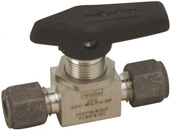 Parker - 1/4" Pipe, Compression x Compression CPI End Connections, Stainless Steel, Inline, Two Way Flow, Instrumentation Ball Valve - 2,500 psi WOG Rating, Wedge Handle, PFA Seat - Exact Tooling