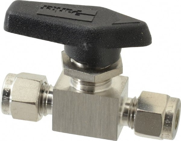 Parker - 1/4" Pipe, Stainless Steel, Inline, Two Way Flow, Instrumentation Ball Valve - 2,500 psi WOG Rating, Wedge Handle, PFA Seat - Exact Tooling