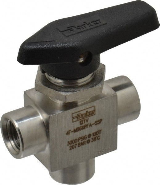 Parker - 1/4" Pipe, FNPT x FNPT x FNPT End Connections, Stainless Steel, Three Way, Instrumentation Ball Valve - 3,000 psi WOG Rating, Wedge Handle, PFA Seat - Exact Tooling