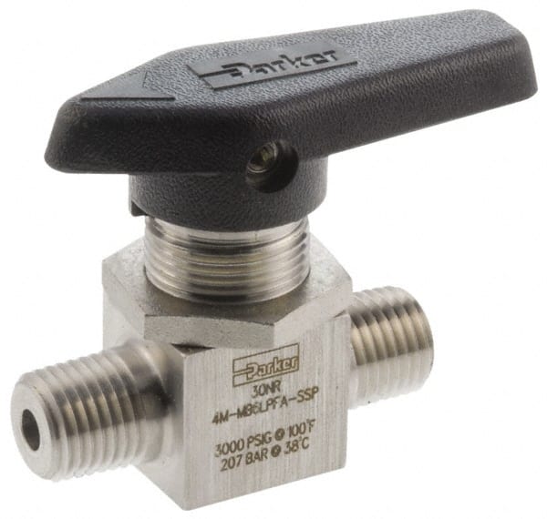 Parker - 1/4" Pipe, MNPT x MNPT End Connections, Stainless Steel, Inline, Two Way Flow, Instrumentation Ball Valve - 3,000 psi WOG Rating, Wedge Handle, PFA Seat - Exact Tooling