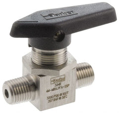 Parker - 1/4" Pipe, MNPT x MNPT End Connections, Stainless Steel, Inline, Two Way Flow, Instrumentation Ball Valve - 3,000 psi WOG Rating, Wedge Handle, PFA Seat - Exact Tooling