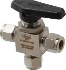 Parker - 3/8" Pipe, Stainless Steel, Three Way, Instrumentation Ball Valve - 3,000 psi WOG Rating, Wedge Handle, PFA Seat - Exact Tooling