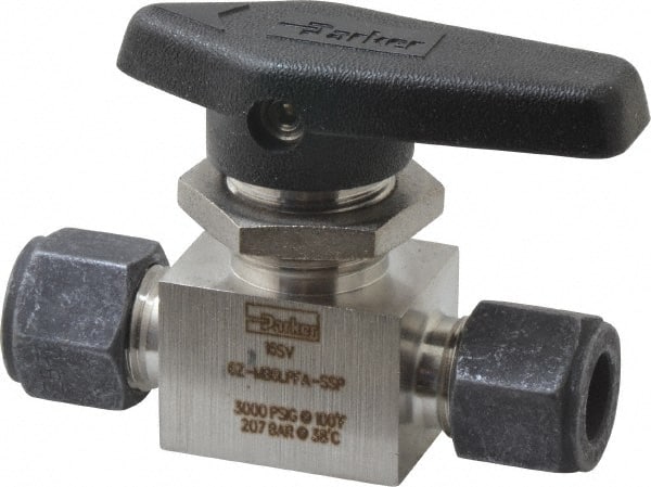 Parker - 3/8" Pipe, Compression x Compression CPI End Connections, Stainless Steel, Inline, Two Way Flow, Instrumentation Ball Valve - 3,000 psi WOG Rating, Wedge Handle, PFA Seat - Exact Tooling