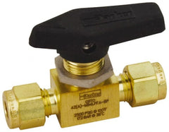 Parker - 3/8" Pipe, Compression x Compression CPI End Connections, Brass, Inline, Two Way Flow, Instrumentation Ball Valve - 3,000 psi WOG Rating, Wedge Handle, PFA Seat - Exact Tooling