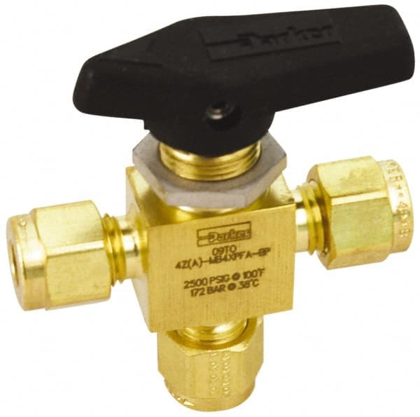 Parker - 1/4" Pipe, Compression x Compression x Compression CPI End Connections, Brass, Three Way, Instrumentation Ball Valve - 2,500 psi WOG Rating, Wedge Handle, PFA Seat - Exact Tooling