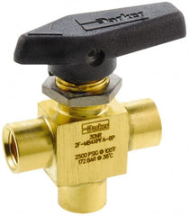 Parker - 1/8" Pipe, FNPT x FNPT x FNPT End Connections, Brass, Three Way, Instrumentation Ball Valve - 2,500 psi WOG Rating, Wedge Handle, PFA Seat - Exact Tooling