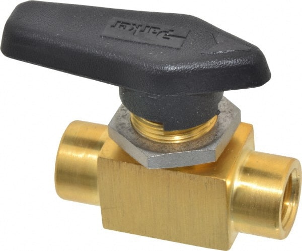 Parker - 1/4" Pipe, FNPT x FNPT End Connections, Brass, Inline, Two Way Flow, Instrumentation Ball Valve - 3,000 psi WOG Rating, Wedge Handle, PFA Seat - Exact Tooling