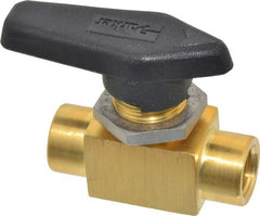 Parker - 1/4" Pipe, FNPT x FNPT End Connections, Brass, Inline, Two Way Flow, Instrumentation Ball Valve - 3,000 psi WOG Rating, Wedge Handle, PFA Seat - Exact Tooling