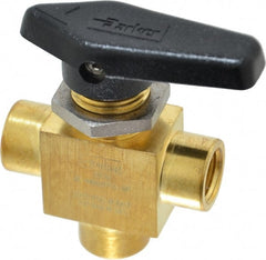 Parker - 1/4" Pipe, FNPT x FNPT x FNPT End Connections, Brass, Three Way, Instrumentation Ball Valve - 3,000 psi WOG Rating, Wedge Handle, PFA Seat - Exact Tooling