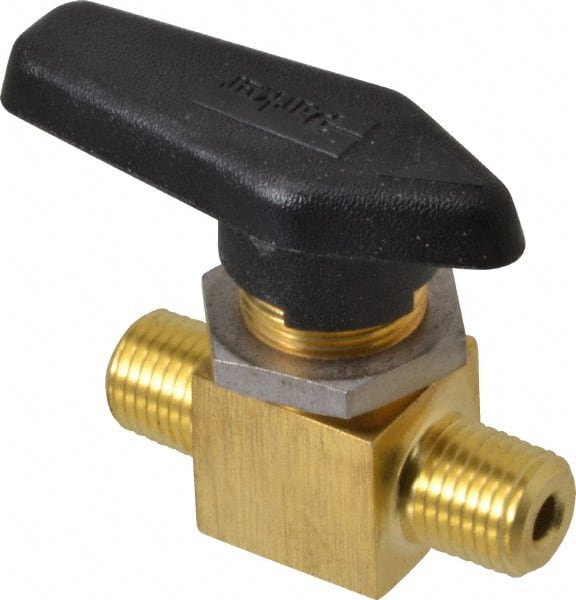 Parker - 1/4" Pipe, MNPT x MNPT End Connections, Brass, Inline, Two Way Flow, Instrumentation Ball Valve - 3,000 psi WOG Rating, Wedge Handle, PFA Seat - Exact Tooling