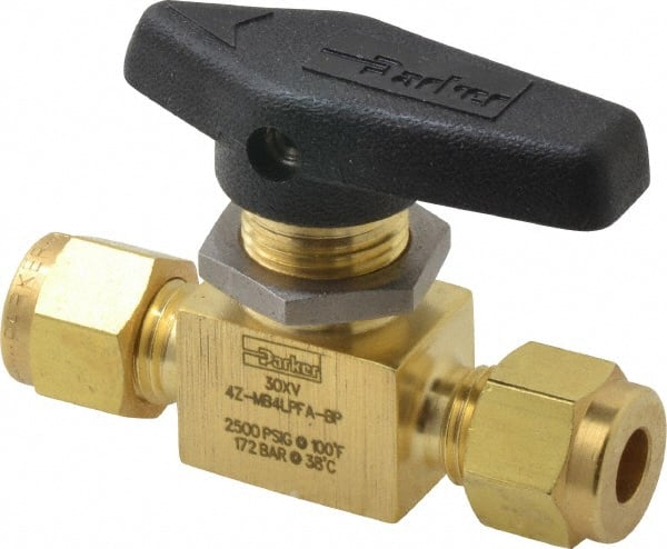Parker - 1/4" Pipe, Compression x Compression CPI End Connections, Brass, Inline, Two Way Flow, Instrumentation Ball Valve - 2,500 psi WOG Rating, Wedge Handle, PFA Seat - Exact Tooling