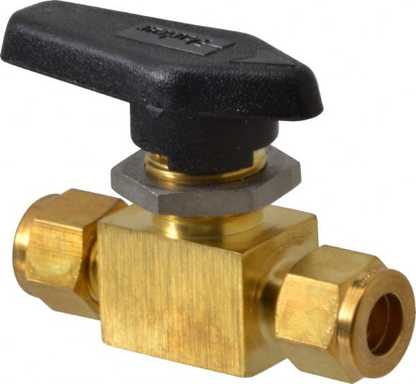 Parker - 3/8" Pipe, Brass, Inline, Two Way Flow, Instrumentation Ball Valve - 3,000 psi WOG Rating, Wedge Handle, PFA Seat - Exact Tooling