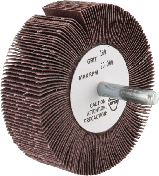Merit Abrasives - 3" Diam x 1" Face Width, Very Fine Aluminum Oxide Coated Mounted Flap Wheel - 1/4" Shank Mount, 180 Grit, 30,000 Max RPM - Exact Tooling