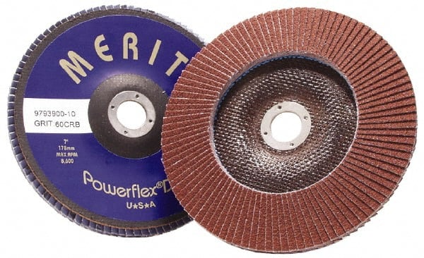 Merit Abrasives - 40 Grit, 7" Disc Diam, 7/8" Center Hole, Type 29 Ceramic Flap Disc - 8,600 Max RPM, Coated - Exact Tooling