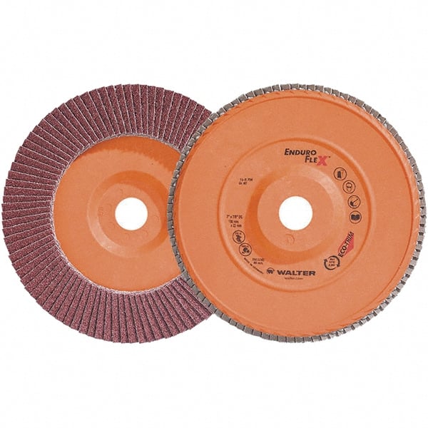 WALTER Surface Technologies - 40 Grit, 7" Disc Diam, 7/8" Center Hole, Zirconia Alumina Flap Disc - 8,600 Max RPM, Plastic Backing, Arbor Attaching System, Coated - Exact Tooling