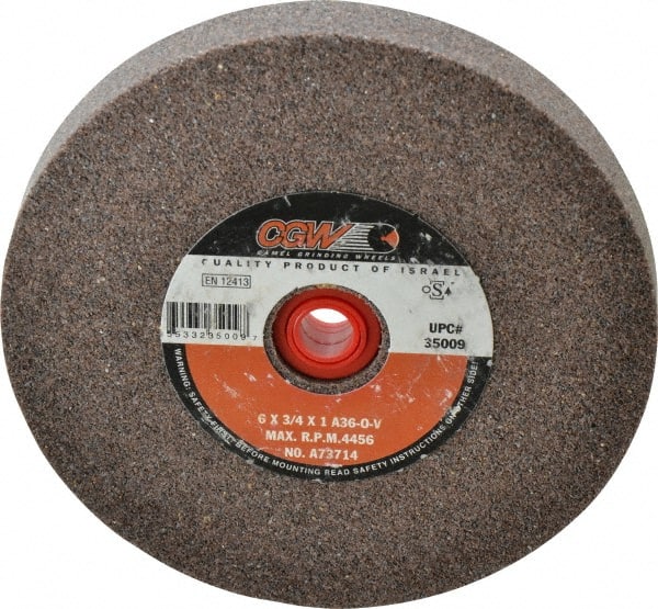 Camel Grinding Wheels - 36 Grit Aluminum Oxide Bench & Pedestal Grinding Wheel - 6" Diam x 1" Hole x 3/4" Thick, 4456 Max RPM, O Hardness, Very Coarse Grade , Vitrified Bond - Exact Tooling