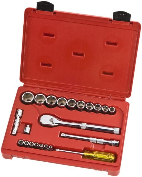 Proto - 22 Piece 1/4" & 3/8" Drive Full Polish Finish Socket Set - 6 Points, 3/16" to 1" Range, Inch Measurement Standard - Exact Tooling