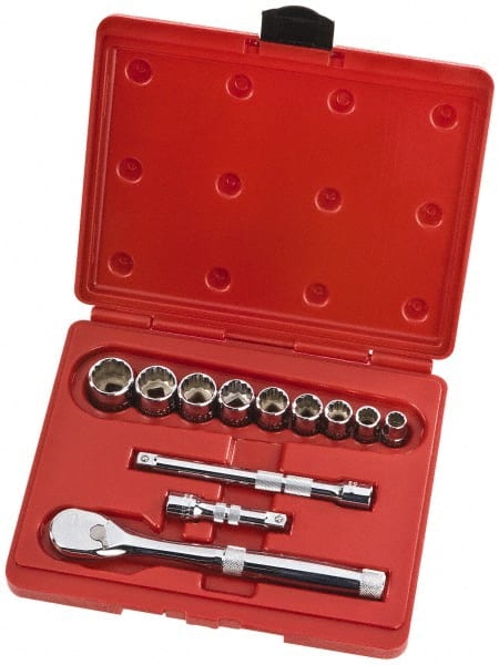 Proto - 12 Piece 3/8" Drive Full Polish Finish Socket Set - 12 Points, 1/4" to 3/4" Range, Inch Measurement Standard - Exact Tooling