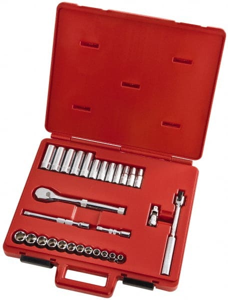 Proto - 29 Piece 3/8" Drive Full Polish Finish Deep Well Socket Set - 6 Points, 8mm to 19mm Range, Metric Measurement Standard - Exact Tooling