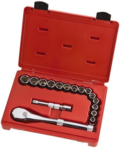 Proto - 16 Piece 1/2" Drive Full Polish Finish Socket Set - 12 Points, 10mm to 23mm Range, Metric Measurement Standard - Exact Tooling