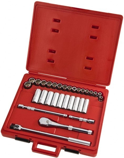 Proto - 31 Piece 1/2" Drive Full Polish Finish Deep Well Socket Set - 12 Points, 10mm to 26mm Range, Metric Measurement Standard - Exact Tooling