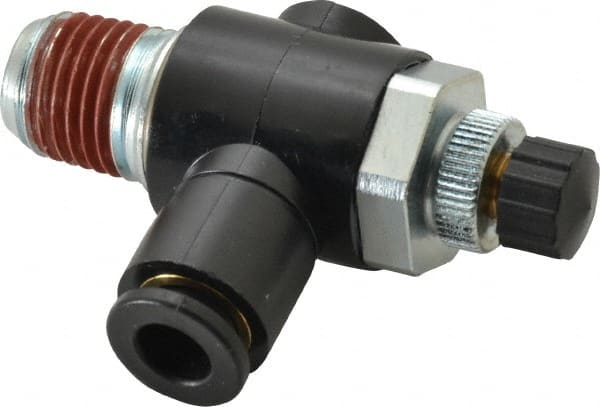 ARO/Ingersoll-Rand - 1/4" Male NPT x 1/4" Female NPT Right Angle Flow Control Valve - 0 to 150 psi & Brass Material - Exact Tooling
