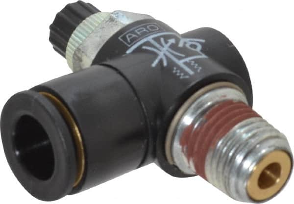 ARO/Ingersoll-Rand - 1/4" Male NPT x 3/8" Female NPT Right Angle Flow Control Valve - 0 to 150 psi & Brass Material - Exact Tooling