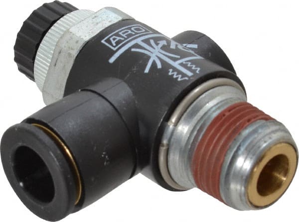 ARO/Ingersoll-Rand - 3/8" Male NPT x 3/8" Female NPT Right Angle Flow Control Valve - 0 to 150 psi & Brass Material - Exact Tooling