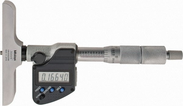 Mitutoyo - 0 to 152.4mm Range, 4" Base Length, 6 Rods, Ratchet Stop Thimble, Electronic Depth Micrometer - No Water Resistance Rating, 0.00005" Resolution, Accurate to 0.00012", 0.157" Rod Diam, SR44 Battery, Data Output - Exact Tooling