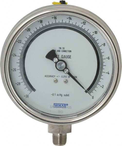 Wika - 4" Dial, 1/4 Thread, 30-0 Scale Range, Pressure Gauge - Lower Connection Mount, Accurate to 0.25% of Scale - Exact Tooling