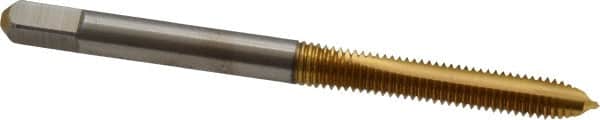 Hertel - M4x0.70 Metric Coarse, 2 Flute, TiN Finish, High Speed Steel Spiral Point Tap - Plug Chamfer, Right Hand Thread, 2-1/8" OAL, 3/4" Thread Length, 6H Class of Fit - Exact Tooling