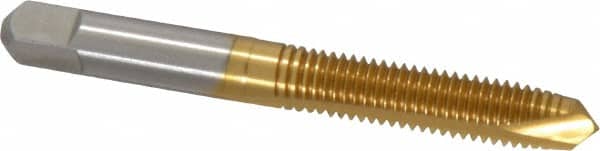 Hertel - M8x1.25 Metric Coarse, 2 Flute, TiN Finish, High Speed Steel Spiral Point Tap - Plug Chamfer, Right Hand Thread, 2-23/32" OAL, 1-1/8" Thread Length, 6H Class of Fit - Exact Tooling